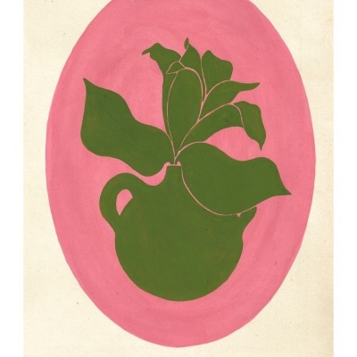Ilustração minimalista de um vaso verde com folhas verdes em fundo oval rosa, texto AUTUMN FLOWERS Lilium