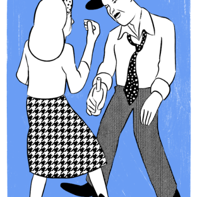 Ilustração de casal a dançar em fundo azul