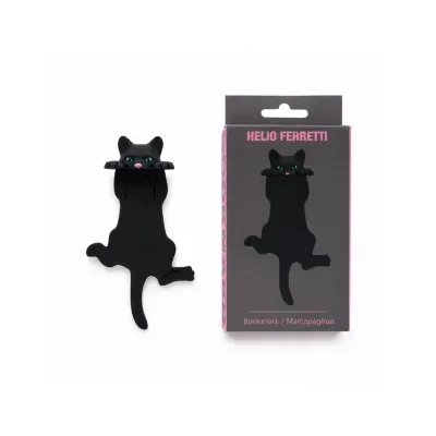 Marcador de livros em forma de gato preto e embalagem preta com texto rosa