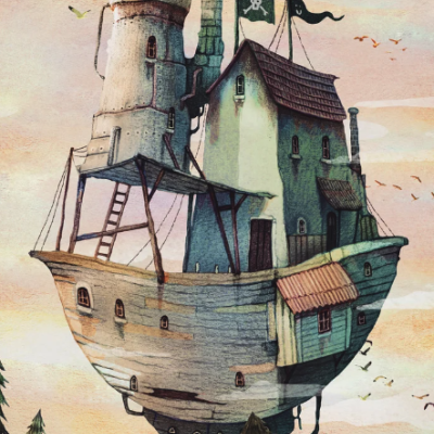 Casa flutuante em forma de navio com torre e bandeira de pirata sobrevoando floresta