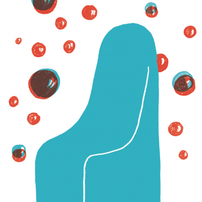 Ilustração abstrata de forma azul com círculos vermelhos e pretos