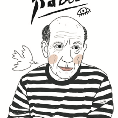 Ilustração de homem com camisa de riscas, texto 'Pablo', desenho de olho e pássaro