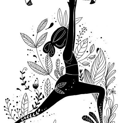 Ilustração em preto e branco de pessoa em pose Virabhadrasana com folhas decorativas e texto