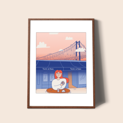 Ilustração de pessoa com cabelo vermelho a beber café em frente a loja Pastéis de Belém e ponte ao pôr do sol