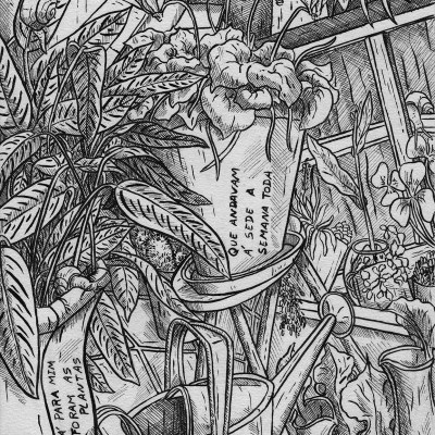 Desenho a preto e branco de plantas em vasos com frases manuscritas e utensílios de jardim