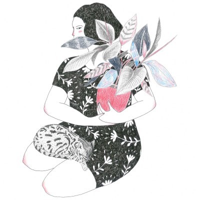 Ilustração de mulher com gato e planta num vaso vermelho