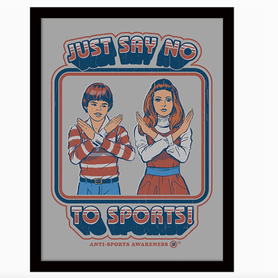 Quadro decorativo com desenho de duas pessoas e texto em inglês anti-esportes