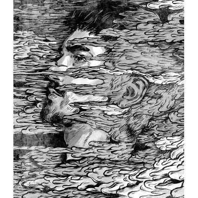 Desenho a lápis preto e branco de rosto masculino entre nuvens com assinatura Nicolae Negruț