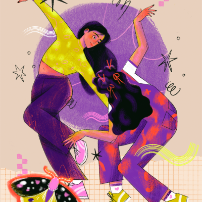 Ilustração de duas mulheres a dançar com roupas coloridas e borboleta grande no chão