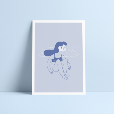 Fotografia de póster com ilustração azul de mulher sentado, encostado a parede azul