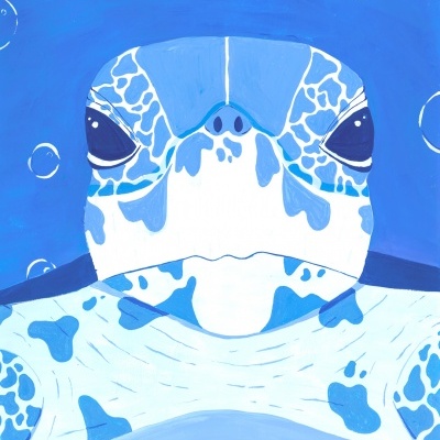 Ilustração de tartaruga marinha azul em fundo azul com bolhas