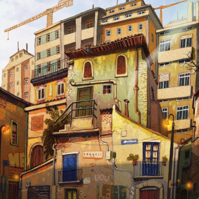 Ilustração colorida de edifícios urbanos com grafitis e varandas azuis