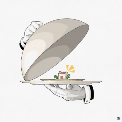 Mãos com luvas segurando prato com casa em miniatura e tampa metálica levantada