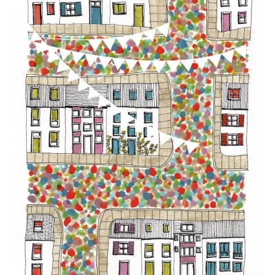 Ilustração de vila com casas coloridas, ruas pavimentadas e decorações coloridas
