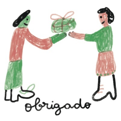 Desenho colorido com duas personagens trocando um presente verde, palavra obrigado em baixo