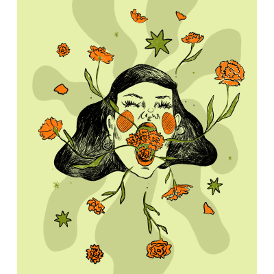 Ilustração de rosto feminino com flores laranja saindo da boca, fundo verde claro abstrato