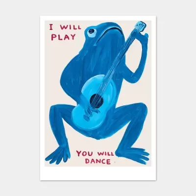 Ilustração de uma rã azul a tocar violão azul com texto
