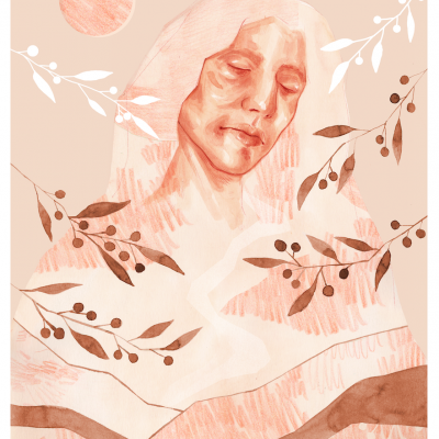 Ilustração feminina com ramos e círculo salmão em fundo bege