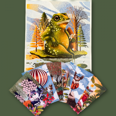 Postais artísticos coloridos com desenhos de animais e natureza, incluindo sapo verde em destaque
