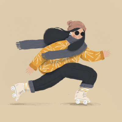 Pessoa a andar de patins com roupa de inverno sobre fundo bege.