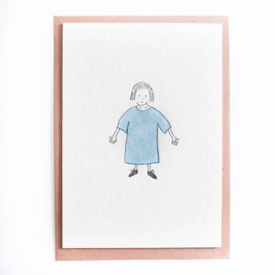 Cartão com ilustração de pessoa com vestido azul e texto SWEET DAD