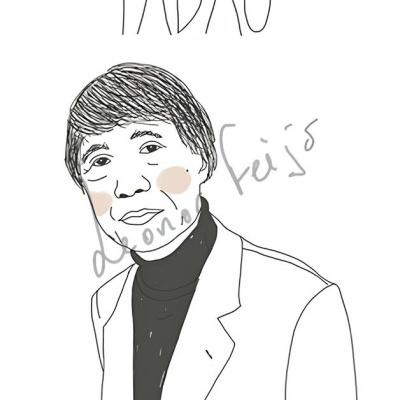 Desenho digital de pessoa com blazer branco e camisa preta, texto TADAO acima e assinatura sobreposta