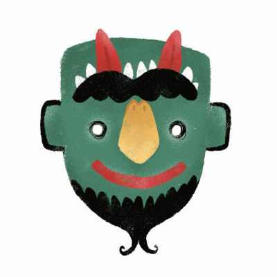 Máscara verde com chifres vermelhos e barba preta em fundo branco.