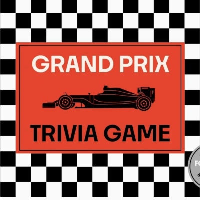 Capa de jogo de trivia Grand Prix com carro de Fórmula 1 e padrão xadrez