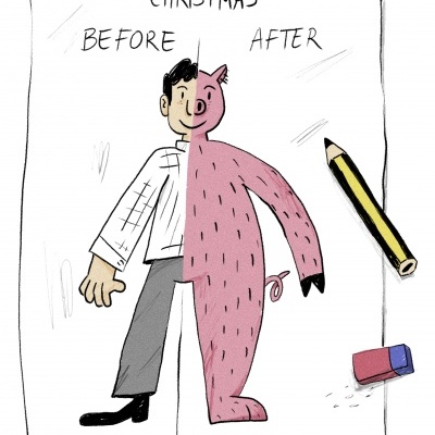 Desenho dividido ao meio de homem e pessoa com fato de porco rosa numa folha com lápis e borracha