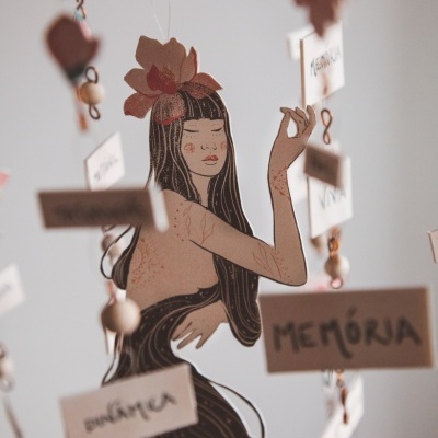 Móvel decorativo com figura feminina e etiquetas com palavras em português suspensas