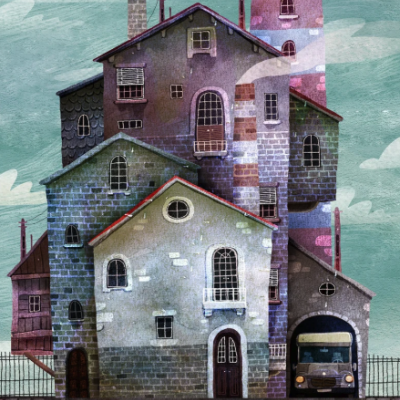 Ilustração de casa alta e estreita com vários andares, garagem com carro, e porão decorado