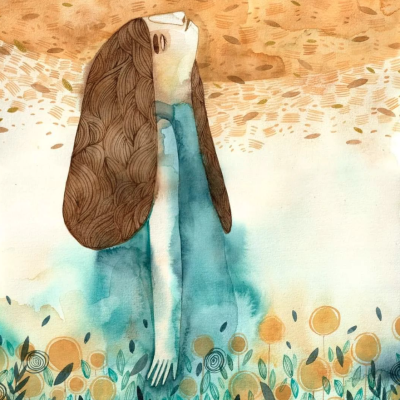 Ilustração artística de jovem com cabelo castanho em meio a flores e fundo abstrato