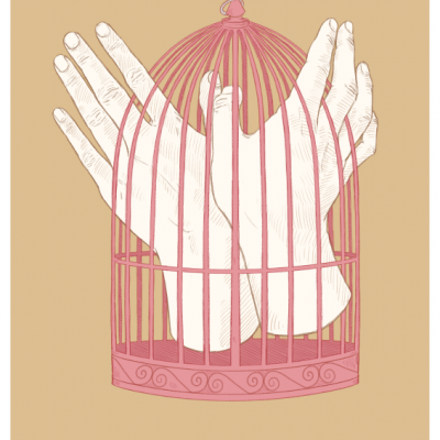 Desenho de mãos dentro de uma gaiola cor-de-rosa sobre fundo bege