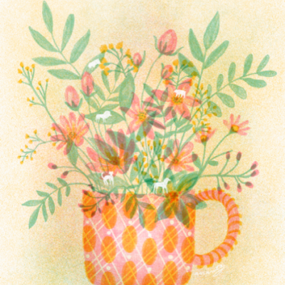 Ilustração de caneca alaranjada com flores coloridas e folhas verdes