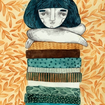 Ilustração de pessoa com cabelo azul e pilha de livros coloridos com fundo laranja às folhas