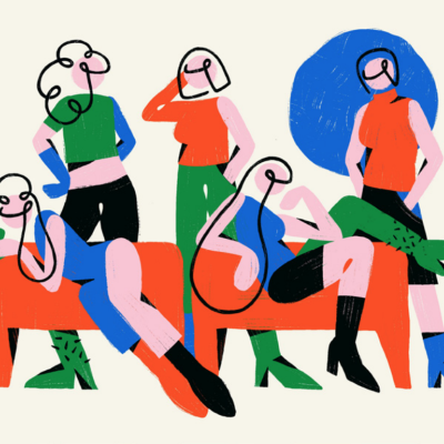 Ilustração de cinco figuras femininas com roupas coloridas em sofá laranja e fundo azul
