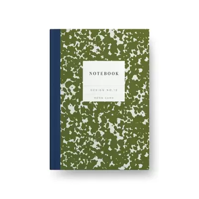 Caderno com capa verde marmoreada e lombada azul