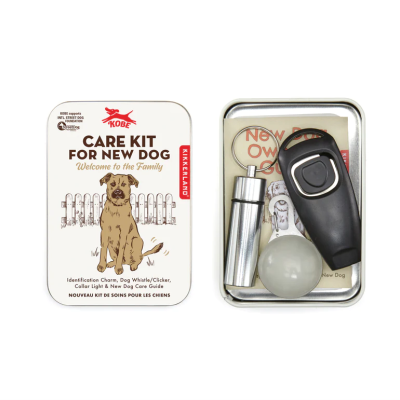 Kit de cuidados para cão novo com clicker preto e luz para coleira dentro de caixa metálica