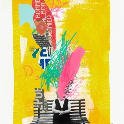 Colagem artística colorida com fundo amarelo e figura em banco com elementos abstratos