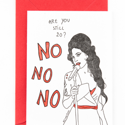 Cartão com ilustração de mulher e texto ARE YOU STILL 20? NO NO NO