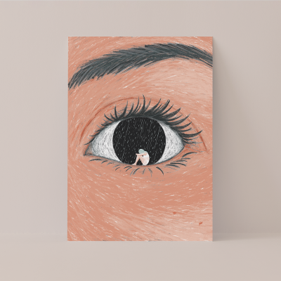 Cartão com ilustração de olho humano e boneco pequeno na pupila