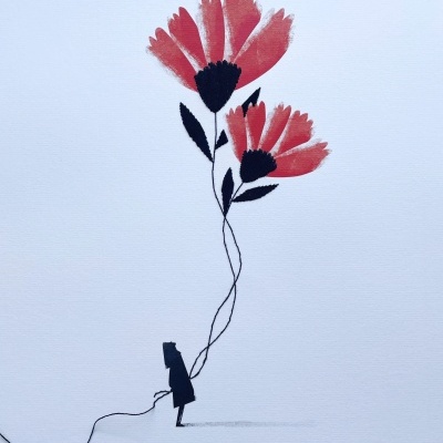 Ilustração minimalista de uma figura humana segurando grandes flores vermelhas