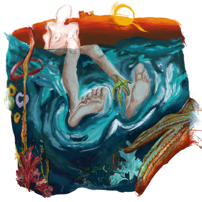 Figura humana artística sem cabeça parcialmente submersa em água azul e verde com cores vermelhas e laranjas ao redor