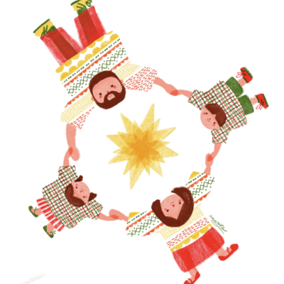 Ilustração de quatro pessoas em círculo com camisolas coloridas e calças ou saias vermelhas em redor de uma estrela amarela.