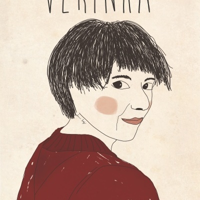 Ilustração de mulher com blusa vermelha e texto VERINHA