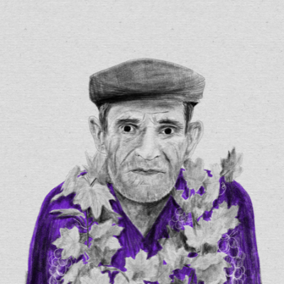 Desenho de homem idoso com boina e camisa roxa com folhas e uvas