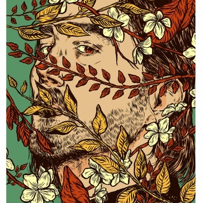 Ilustração de rosto masculino coberto por ramos e flores brancas