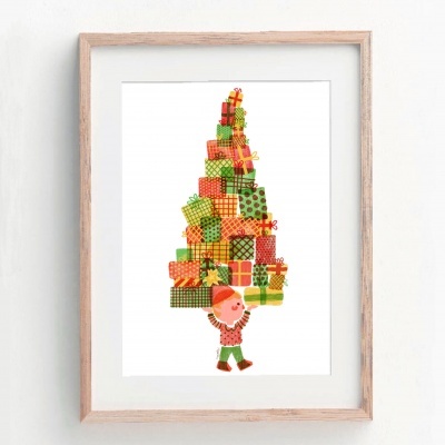 Quadro com ilustração de menino carregando pilha de presentes coloridos