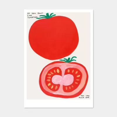 Ilustração de tomate inteiro e cortado ao meio com texto em inglês
