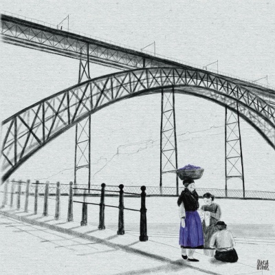 Desenho de ponte metálica com três pessoas vestidas e cesto azul